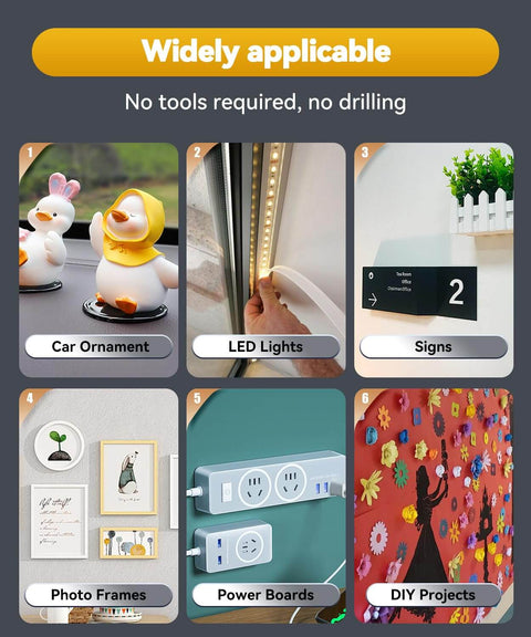 Heavy Duty Double Sided Tape Heat Resistant And Waterproof For Indoor Outdoor Use Automotive Mounting Foam Tape Removable No Residue With Mega Strong Adhesion 1 Inch By 20 Feet pictured in diverse applications such as car ornaments, LED lights, signs, photo frames, power boards, and DIY projects.
