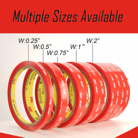 Multiple sizes of 3M adhesive tape rolls, highlighting "Clear Double Sided Tape One Quarter Inch Ten Feet Heavy Duty Mounting Adhesive For Electronics Glass Automotive And Home Office Decor Waterproof Permanent Bonding That Sticks Like Crazy And Holds Tightly."