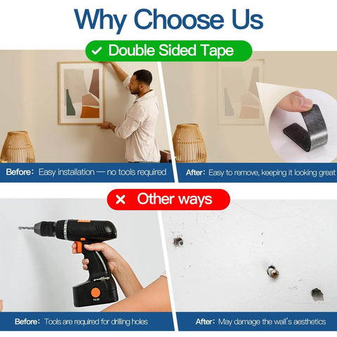 Comparison of using 52 Pcs Double Sided Adhesive Pads And Strips Heavy Duty Mounting Tape and drilling for wall hanging