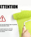 Warning against using Transparent Double Sided Adhesive Tape 1/2 Inch By 10 Feet on painted or powdery walls with image of paint roller.