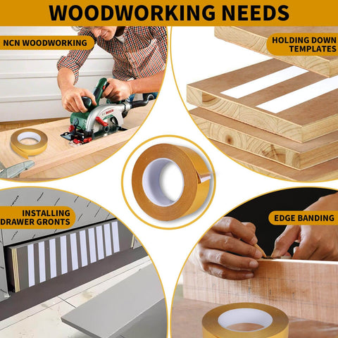 Double Sided Woodworking Tape 1 Inch By 88 Feet Heavy Duty Adhesive For Carpentry Cabinet Installation And Trim Projects Residue Free Bonding Tape Industrial Strength Hold No Mess Finish Safe shown in various woodworking applications including cutting, holding templates, installing drawer fronts, and edge banding.