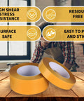 Double Sided Woodworking Tape 1 Inch By 88 Feet Heavy Duty Adhesive for Carpentry Cabinet Installation shown in workshop.