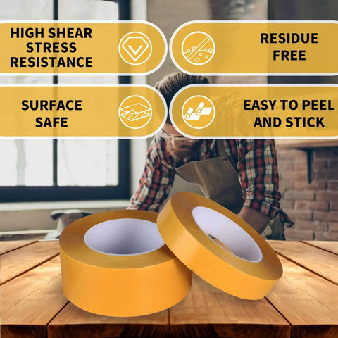 Double Sided Woodworking Tape 1 Inch By 88 Feet Heavy Duty Adhesive for Carpentry Cabinet Installation shown in workshop.