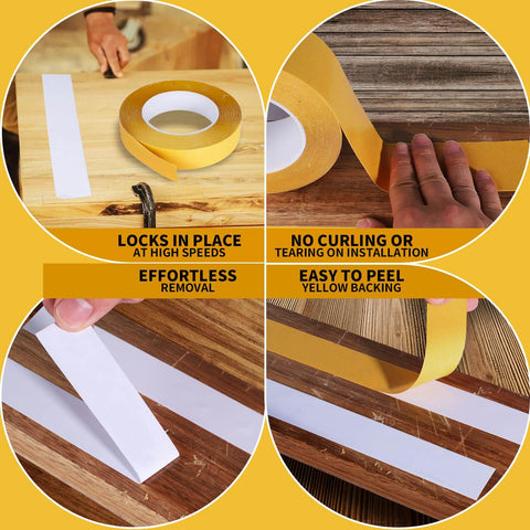 Double Sided Woodworking Tape 1 Inch By 88 Feet Heavy Duty Adhesive For Carpentry Cabinet Installation And Trim Projects shown used on wood surfaces