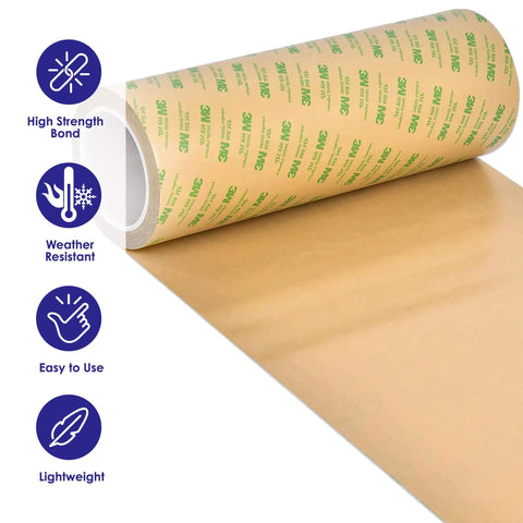 Double Sided Transfer Sheet 468MP Adhesive Tape For 3D Printing Build Plates Bonding PEI Sheets And Other Print Surfaces Built To Stick Dual Sided Adhesive 12 In By 5 Yd Roll For Easy Mounting And Attaching shown in a roll with features.