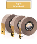 Size diagram of 1/2 inch by 12 yard double sided wig tape for daily wear, hypoallergenic, no residue, gentle and skin-safe.