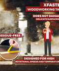 Close-up of Double Sided Woodworking Tape 1 Inch By 180 Feet, 3 Pack, Ultra Strong Adhesive, residue-free, used on wood surface.