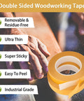 Heavy Duty Double Sided Woodworking Tape, 1 Inch Wide By 75 Feet, Two Pack, close-up with hand using tape on wood surface