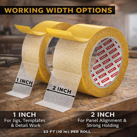 Pro-Grade Double-Sided Woodworking Tape With Removable Adhesive For Holding Wood Templates, 1 inch and 2 inch wide