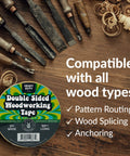 Double Sided Woodworking Tape, 2 Inch Wide, Heavy Duty Adhesive For CNC Machines And Routing Templates, Removable Yet Strong, 90 Feet Long, Silicone Based Sticky Tape For All Wood Types shown on a wooden surface with wood shavings and tools.