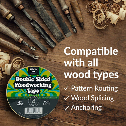 Double Sided Woodworking Tape, 2 Inch Wide, Heavy Duty Adhesive For CNC Machines And Routing Templates, Removable Yet Strong, 90 Feet Long, Silicone Based Sticky Tape For All Wood Types shown on a wooden surface with wood shavings and tools.