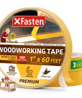 Double Sided Woodworking Tape 1 Inch By 180 Feet, 3 Pack, Ultra Strong Adhesive showcasing the packaging and tape roll