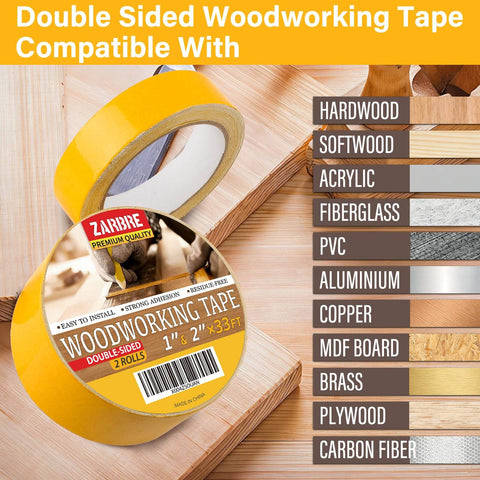 Double Sided Woodworking Tape For Wood Projects, 1 And 2 Inch By 33 Feet, 2 Rolls, No Residue, showing compatibility with materials