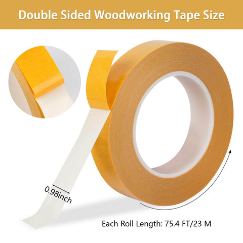 Heavy Duty Double Sided Woodworking Tape, 1 Inch Wide By 75 Feet, Two Pack, showing roll and close-up of adhesive