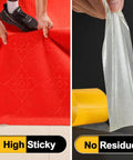 Person lifting red carpet with Double Sided Woodworking Tape For Templates And CNC Residue Free Mesh Adhesive That Delivers Rock Solid Grip For Routing Anchoring And Splicing Industrial Grade Strong Hold Three Quarters Inch Wide By 66 Feet Long, showing adhesive no residue.
