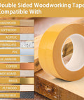 Heavy Duty Double Sided Woodworking Tape, 1 Inch Wide By 75 Feet, Two Pack, with compatible materials list including hardwood and softwood