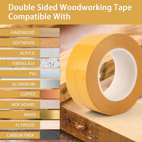 Heavy Duty Double Sided Woodworking Tape, 1 Inch Wide By 75 Feet, Two Pack, with compatible materials list including hardwood and softwood