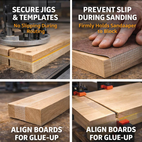 Pro-Grade Double-Sided Woodworking Tape With Removable Adhesive for holding and aligning wood during routing and sanding.