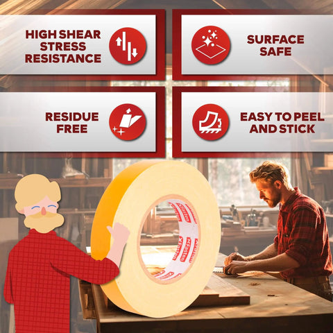 Double Sided Woodworking Tape 1 Inch Wide, 324 Feet Three Pack, Heavy Duty No Residue Glue Tape for Router Templates shown in workshop