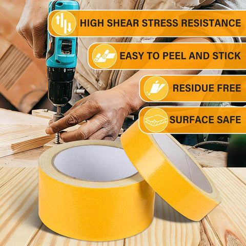Double Sided Woodworking Tape For Wood Projects, 1 And 2 Inch By 33 Feet, 2 Rolls, No Residue in woodworking setting with tools.