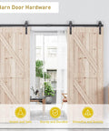 10 FT Double Sliding Barn Door Hardware Track Kit with J Shape Hanger installed on wood slab doors in living room