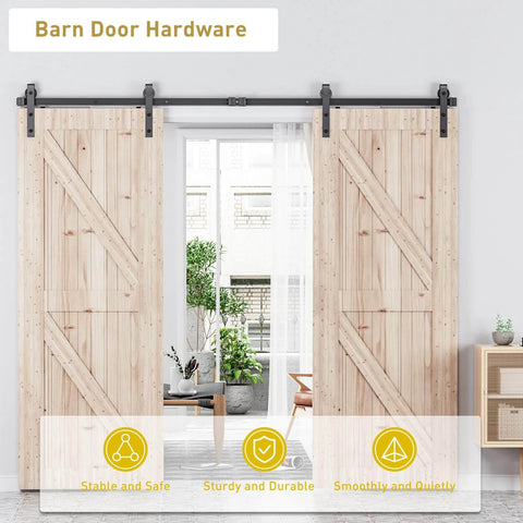 10 FT Double Sliding Barn Door Hardware Track Kit with J Shape Hanger installed on wood slab doors in living room