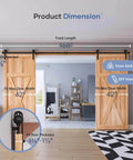 14 FT Double Door Sliding Barn Door Hardware Track Kit installed in living room, showcasing 42-inch doors and track dimensions.