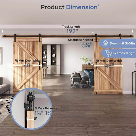 16 FT Double Sliding Barn Door Hardware Kit with track and handles, installed view, 192-inch track for 48-inch doors