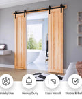 6FT Double Door Sliding Barn Door Hardware Track Kit with basic J pulley installed in bedroom, showing wooden barn doors and black rails