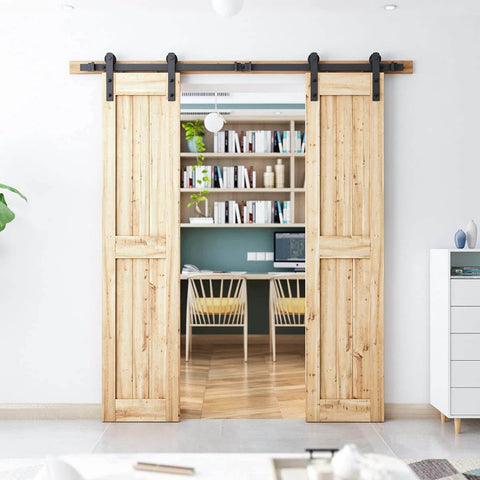 6.6FT Double Sliding Barn Door Hardware Kit for Two 20 Inch Door Panels, installed in modern home interior.