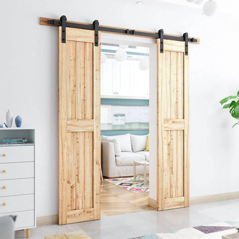 6.6FT Double Sliding Barn Door Hardware Kit for Two 20 Inch Door Panels installed, showing heavy duty carbon steel track.