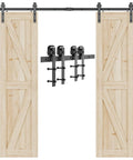 12 FT Double Sliding Barn Door Hardware Track Kit for Wood Slab Doors with J Shape Hanger Design and heavy duty track system