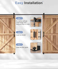 Installation steps for 14 FT Double Sliding Barn Door Hardware Kit with Track and Handles, illustrated with wooden doors on track.
