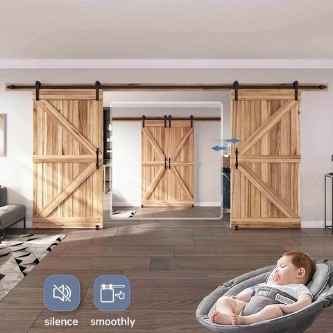 16 FT Double Sliding Barn Door Hardware Kit with track and handles, straight pulley system in living room setting