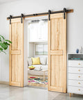 7FT Double Sliding Barn Door Hardware Kit for Two 21 Inch Door Panels, shown installed in living room, heavy duty carbon steel track