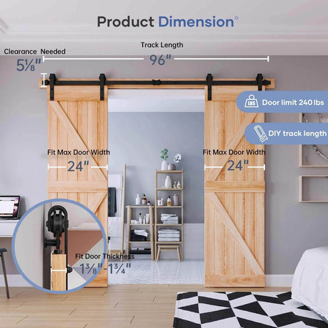 8 FT Double Door Sliding Barn Door Hardware Track Kit with basic J pulley installed over two wooden barn doors in a room.