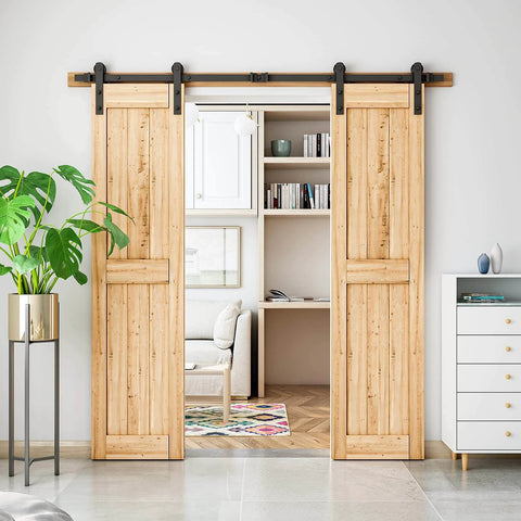 7FT Double Sliding Barn Door Hardware Kit for Two 21 Inch Door Panels installed in modern living space, doors excluded