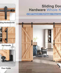 Image of a 12 FT Double Sliding Barn Door Hardware Kit with straight pulley and handle, black aluminum track system shown installed on wooden doors.