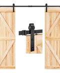 9 FT Double Door Sliding Barn Door Hardware Track Kit with basic J pulley on light wooden barn doors shown with black rails