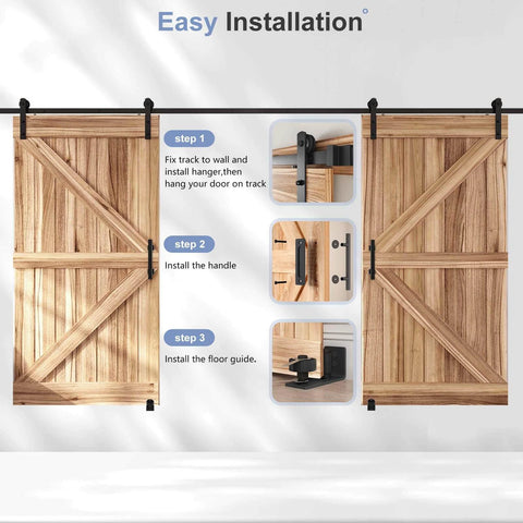 Installation diagram of 16 FT Double Sliding Barn Door Hardware Kit with track and handles, straight pulley system for quiet sliding.