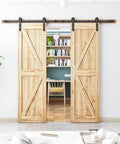 9FT Double Sliding Barn Door Hardware Kit for Two 27 Inch Door Panels, interior wood doors installed in living room