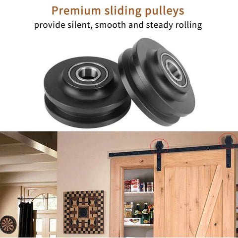 8 FT Double Sliding Barn Door Hardware Track Kit for Wood Slab Doors with J Shape Hanger and premium sliding pulleys
