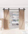 Premium Black Finish Wood Double Sliding Barn Door Hardware Kit With Big Spoke Wheel Rollers installed in a living room
