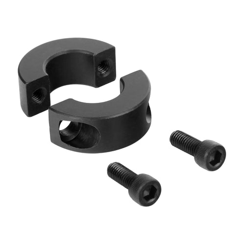 Secure, clamp-on double split shaft collars in a 4-pack with M4 screws, 13/16 bore, 1-5/8 OD, 1/2 inch thickness, 1045 steel.