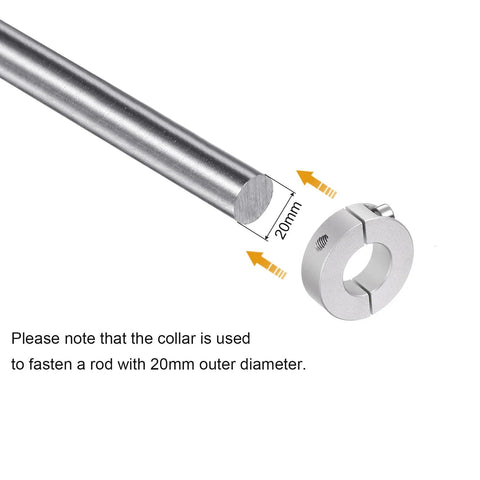 Double Split Shaft Collar for a 20mm shaft with 40mm outer diameter, shown with rod for comparison, 6061 aluminum material.