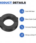 2pcs Double Split Shaft Collar for 1-1/16" Shaft, Two-Piece Clamping Collar, 1-7/8" OD, 1/2" Width, Black Oxide Steel Lock Collar Clamp, Set Screw Style, solid steel with black oxide coating for corrosion resistance.