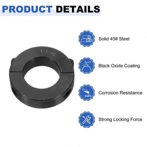 2pcs Double Split Shaft Collar for 1-1/16" Shaft, Two-Piece Clamping Collar, 1-7/8" OD, 1/2" Width, Black Oxide Steel Lock Collar Clamp, Set Screw Style, solid steel with black oxide coating for corrosion resistance.