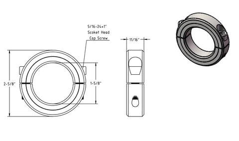 Technical drawing and 3D view of Double Split Shaft Collar With Set Screws In Carbon Steel for 1.625 inch shafts