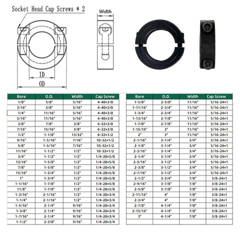Diagram and size chart for secure, clamp-on double split shaft collars with 13/16 bore, highlighting components and measurements.