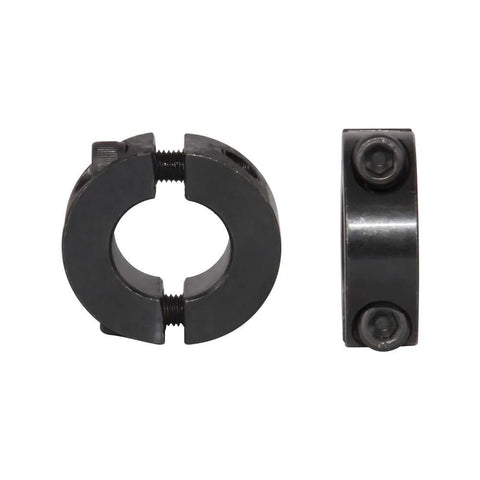 Double Split Shaft Collar Clamp Set For One Quarter Inch Bore By AZSSMUK Carbon Steel With Black Oxide Coating, side view and front view